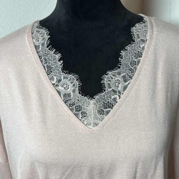 Adrianna Papell Blush lace trim V neck soft relaxed dropped shoulder sweater XL - Picture 3 of 8